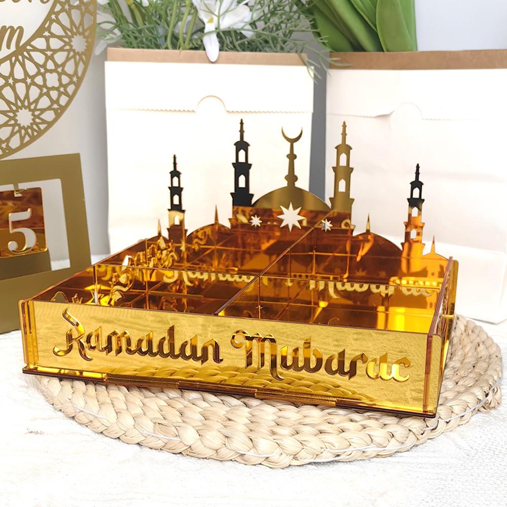 Ramadan Tray Eid Mubarak Serving Tray Hollow Palace Acrylic Mirror Tray Fruit Plate Tableware Dessert Platters DIY Display Holder Ramadan Decor