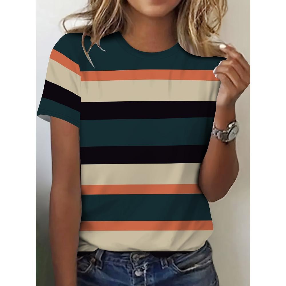 

Women s striped graphic pattern, all-over print crew neck T-shirt, sports and casual, XXS