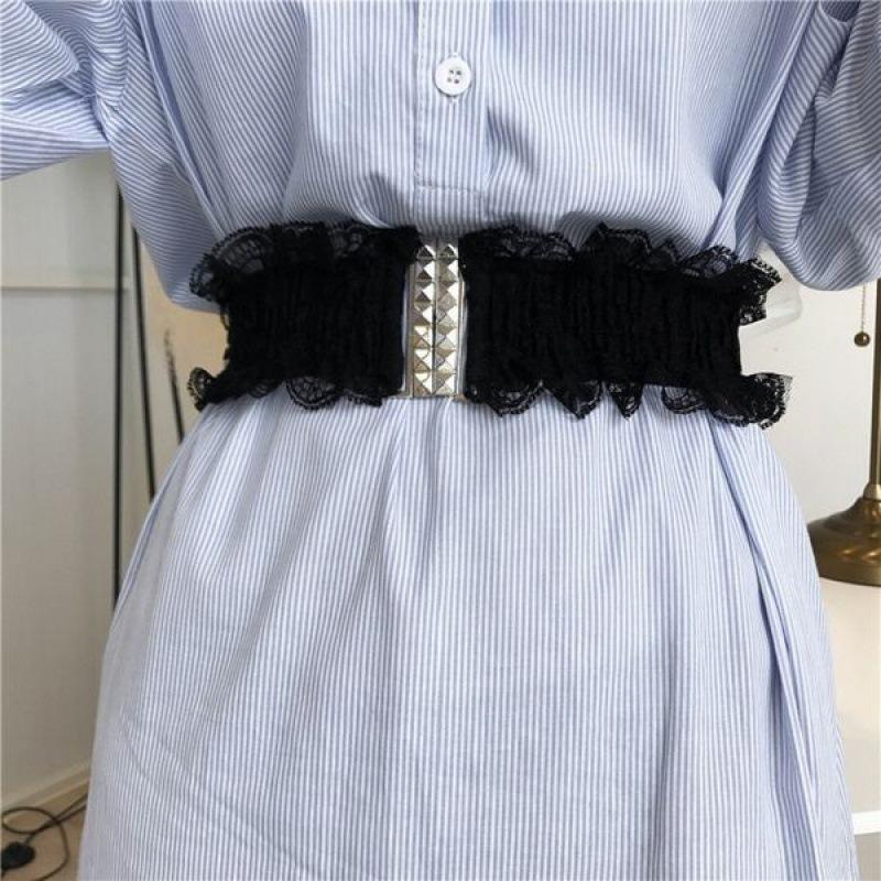 

Pu Elegant Lace Waist Belt For Women Wide Ties With Pyramid Buckle For Dresses And Sweaters Black Lace Belt