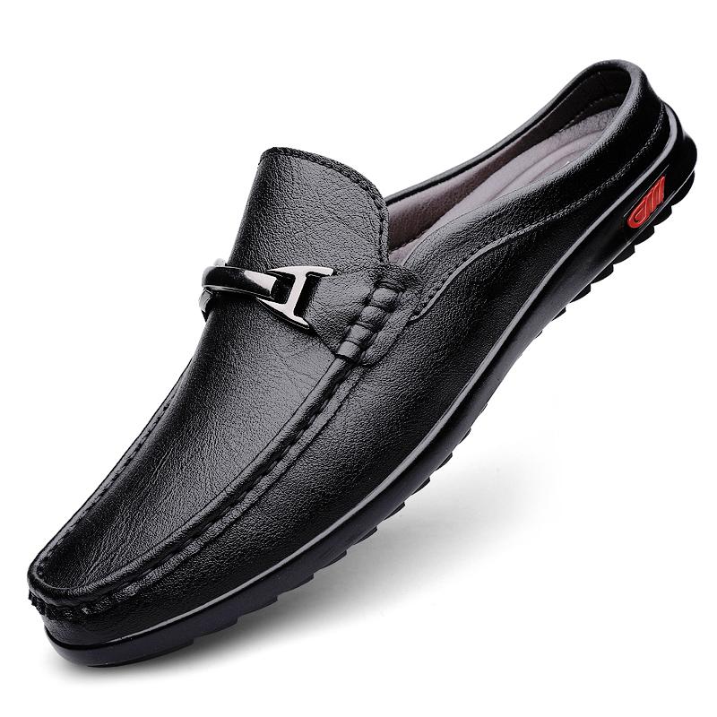 Fashion Men Casual Summer Shoes Hollow Out Men's Driving Shoes High Quality Male Business Shoes Half Slippers Genuine Leather Loafers