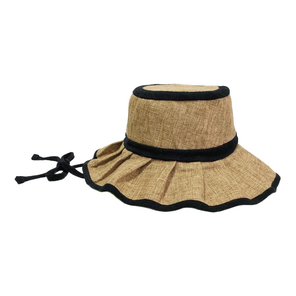 Basic Enchi Flutter Solid Hat Chin Strap Foldable Easy To Carry Sunshade Pleated Hat with Ribbon Linen Blend Natural Material Hat Antibacterial