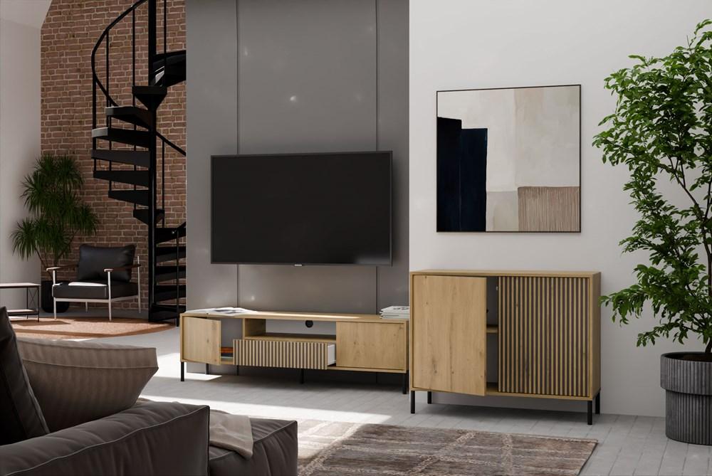 Komoda Front Ryflowany Szafka Kamaro 2D Slim / Gładki Dąb Artisan Lamele