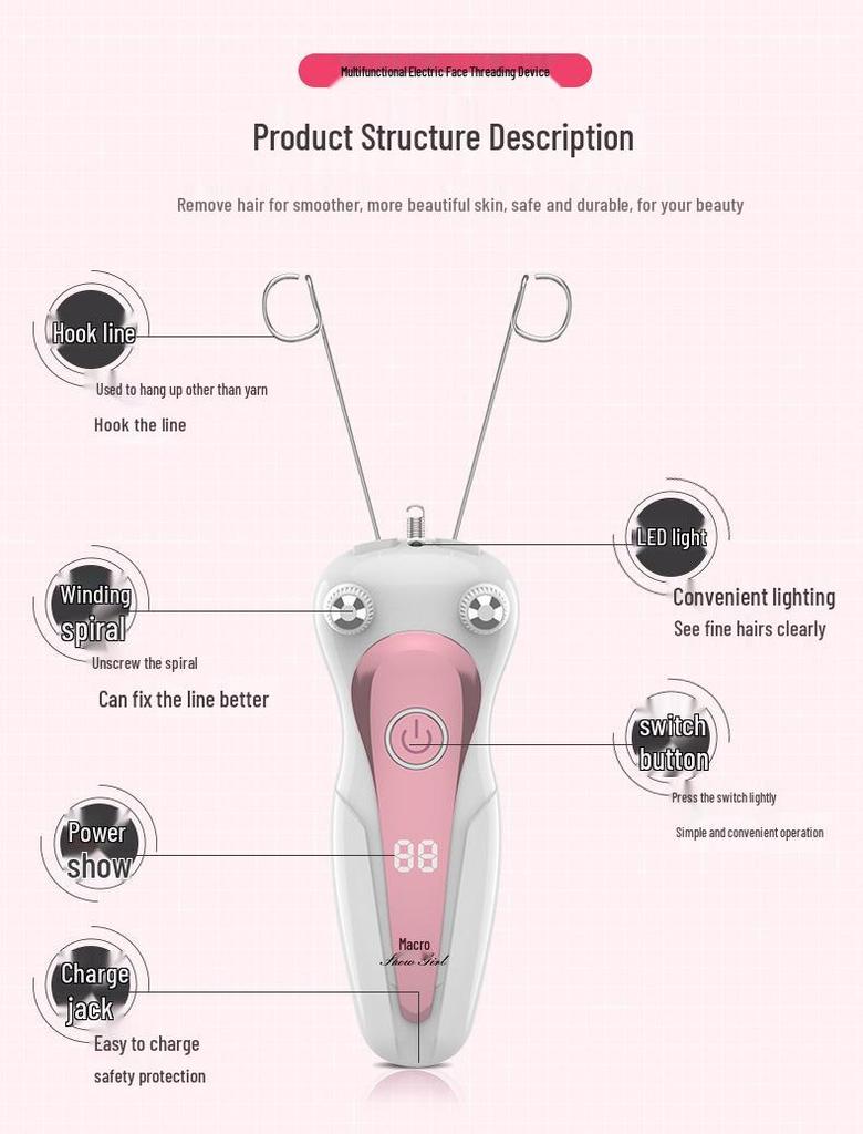 Epilatör ve İplik Alma Fonksiyonlu Dijital Yüz Masaj Aleti ve Tüy Alma Aracı
