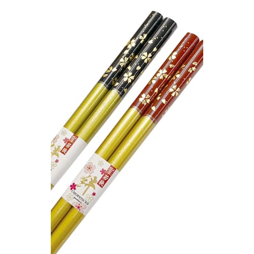 Couple's Chopsticks, Kinmai Sakura (Golden Cherry Blossom) Design, Black and Red, Dishwasher Safe, Comes with Design Paulownia Wood Box and Gift Wrapp