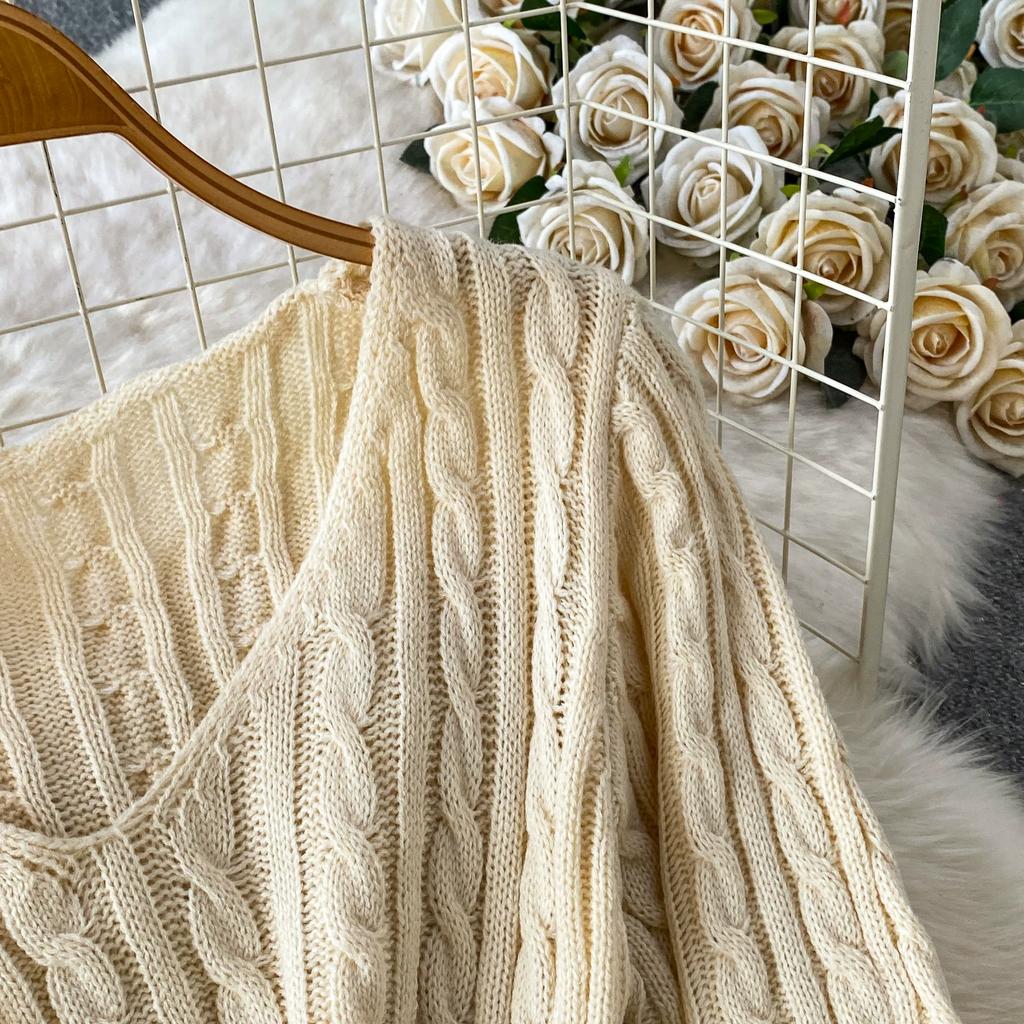 Retro V-Neck Thick-Knit Dress for Women Autumn Winter Elegant Solid Twist Jacqurd Slim Sweater Fishtail Dress