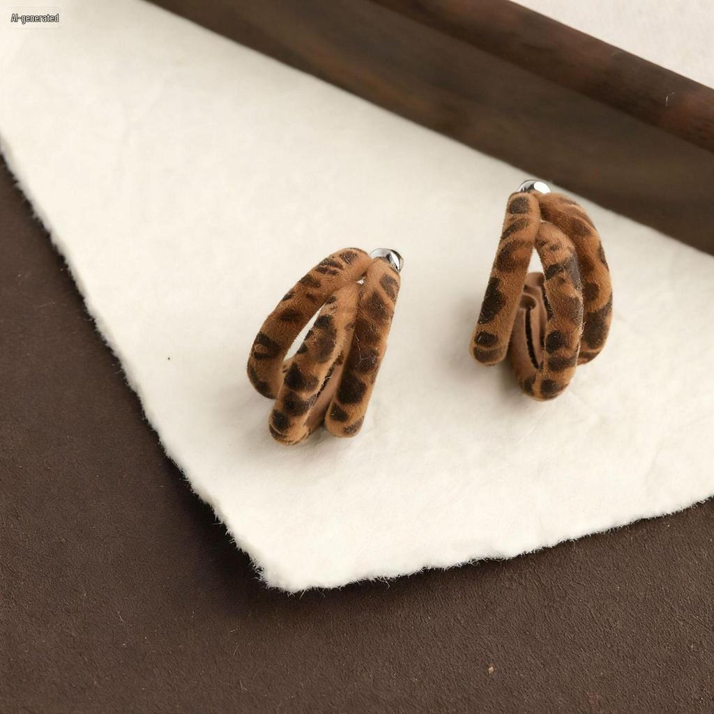 Leopard Print Plush Ear Cuffs: Vintage European-American Style Stud Earrings for Autumn/Winter