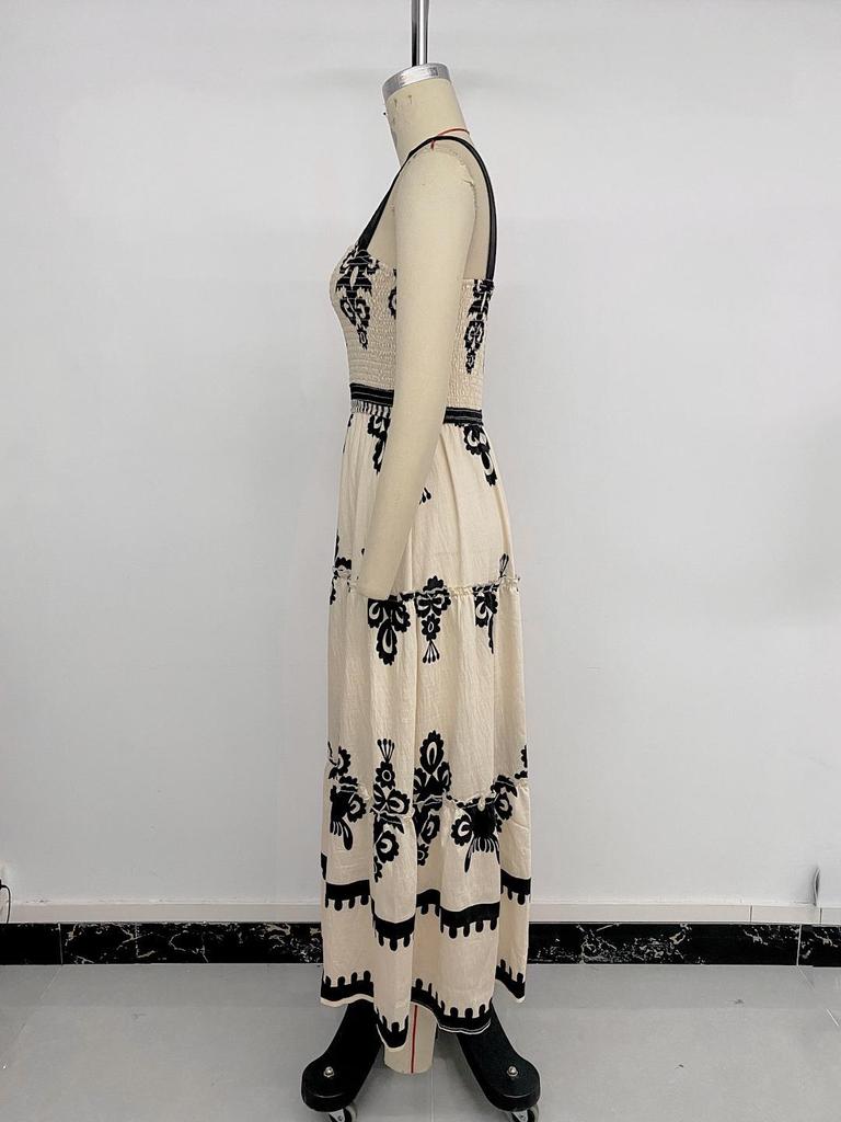 2026 Summer Ethnic Print Spaghetti Strap Long Dress - European/American Vacation Style