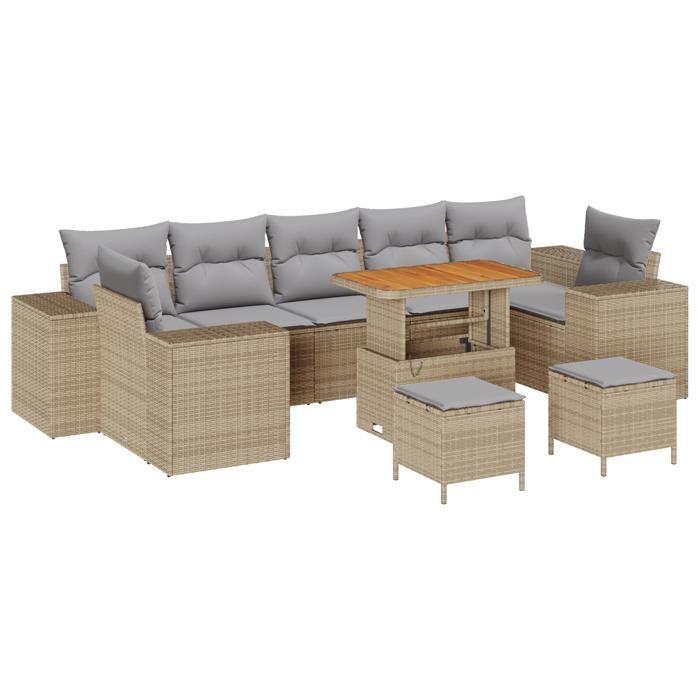 VidaXL Ensemble de Canapés de Jardin 10 Pièces avec Coussins Beige Rotin Poly Acacia 3361992