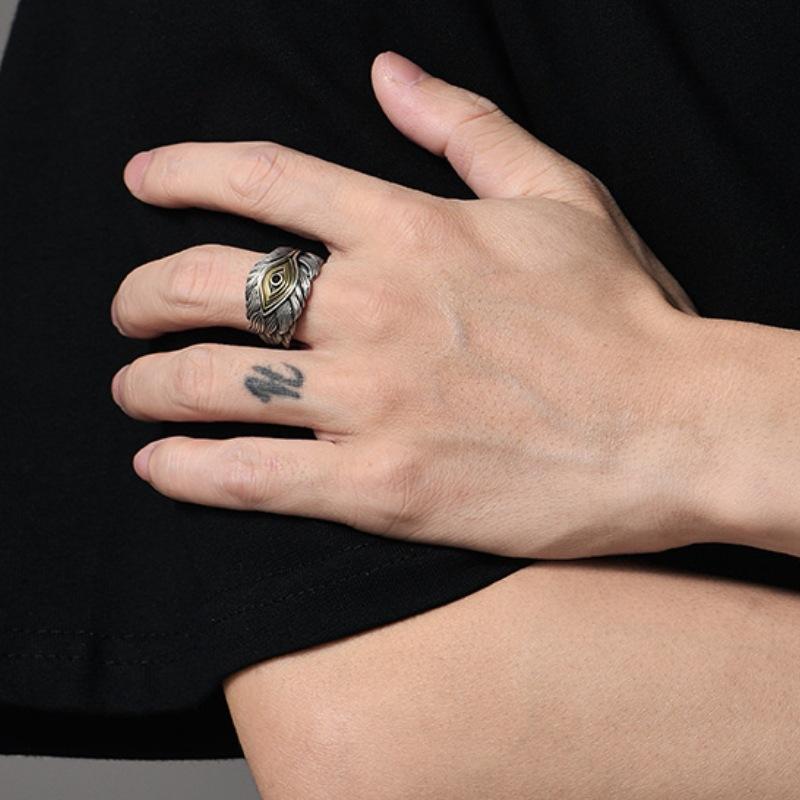 Eye of God Feather Ring for Men, High-end Index Finger Ring, Fashionable and Versatile Zinc Ring