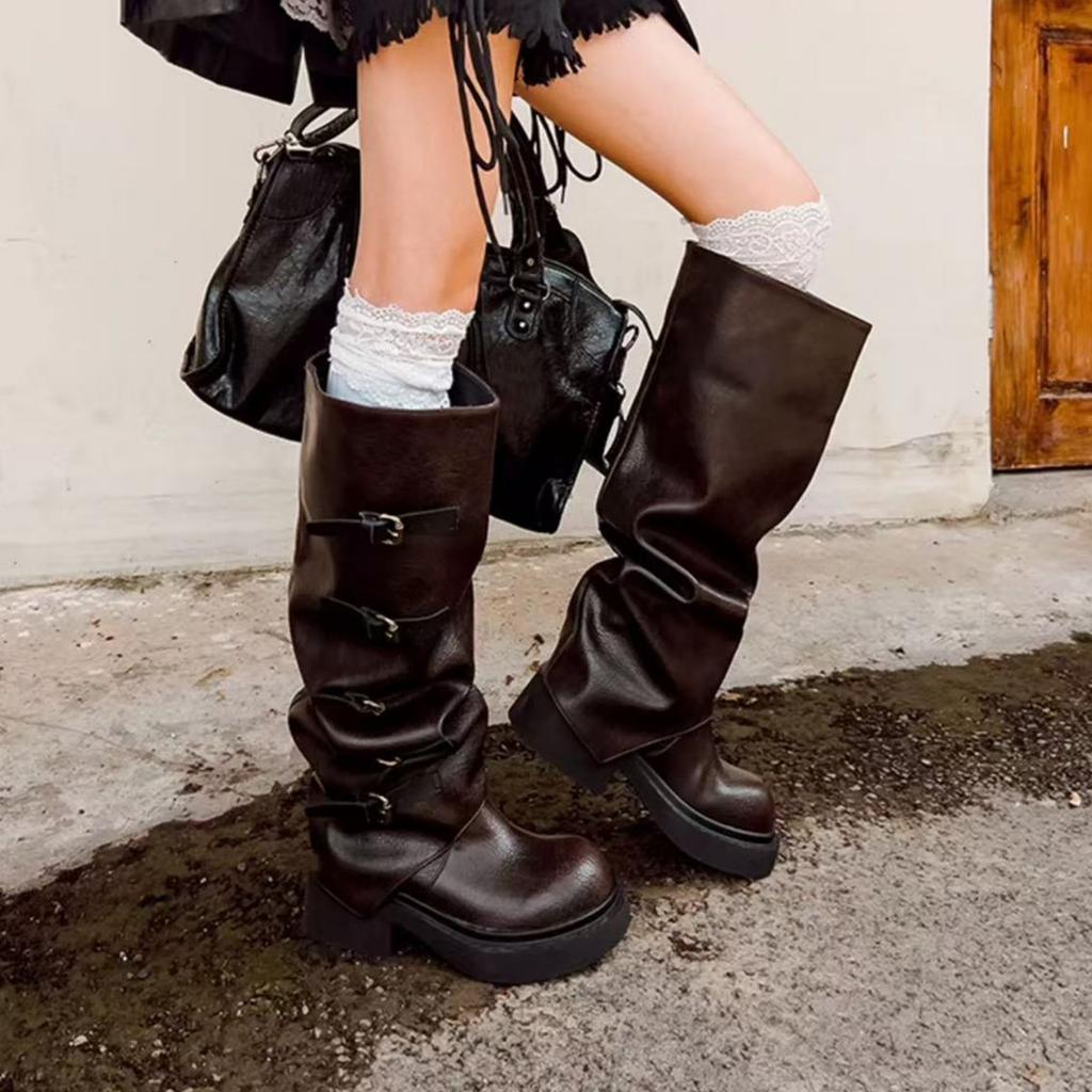 Punk Wasteland~ Tall Knight Boots Long Boots 2025 Autumn and Winter New Retro Pile Boots Fleece Pants Tube Boots Women