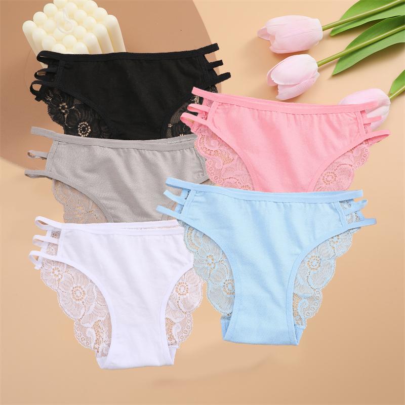 5PCS Women Lace Floral Underpants Sexy Triple Belts Panties Female Low-Waist Perspective Briefs Soft Lingerie Underwear