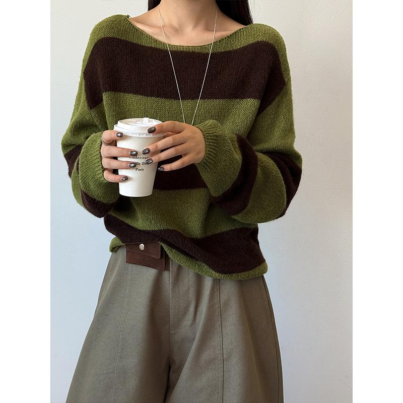 Youge Autumn Korean Striped Loose Sweater - Round Neck Pullover