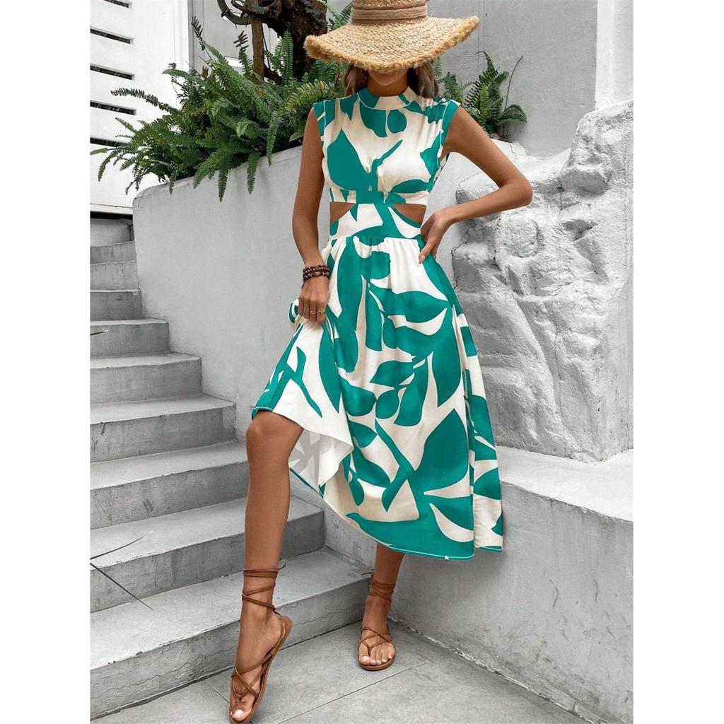 Abito lungo elegante da donna senza maniche, girocollo, vita aperta, stampa floreale
