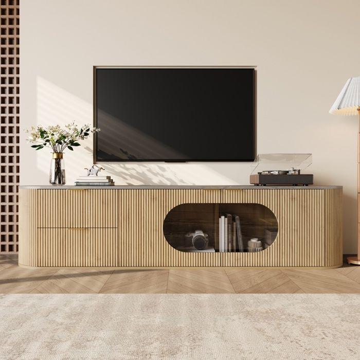 Mobile TV 172 cm – Ante 3D Texturizzate, Vetrina in Vetro, Scomparti con Cassetti e Ante - 172x38x45.5 cm - naturale