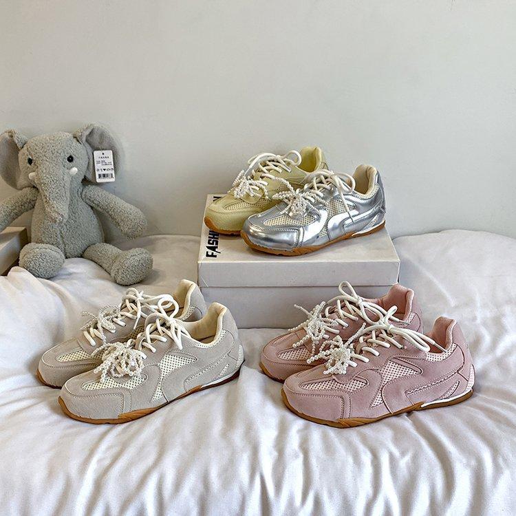 Platform soled German training shoes women's pearl shoelaces silver ballet style 2025 new spring casual Forrest Gump sports shoes