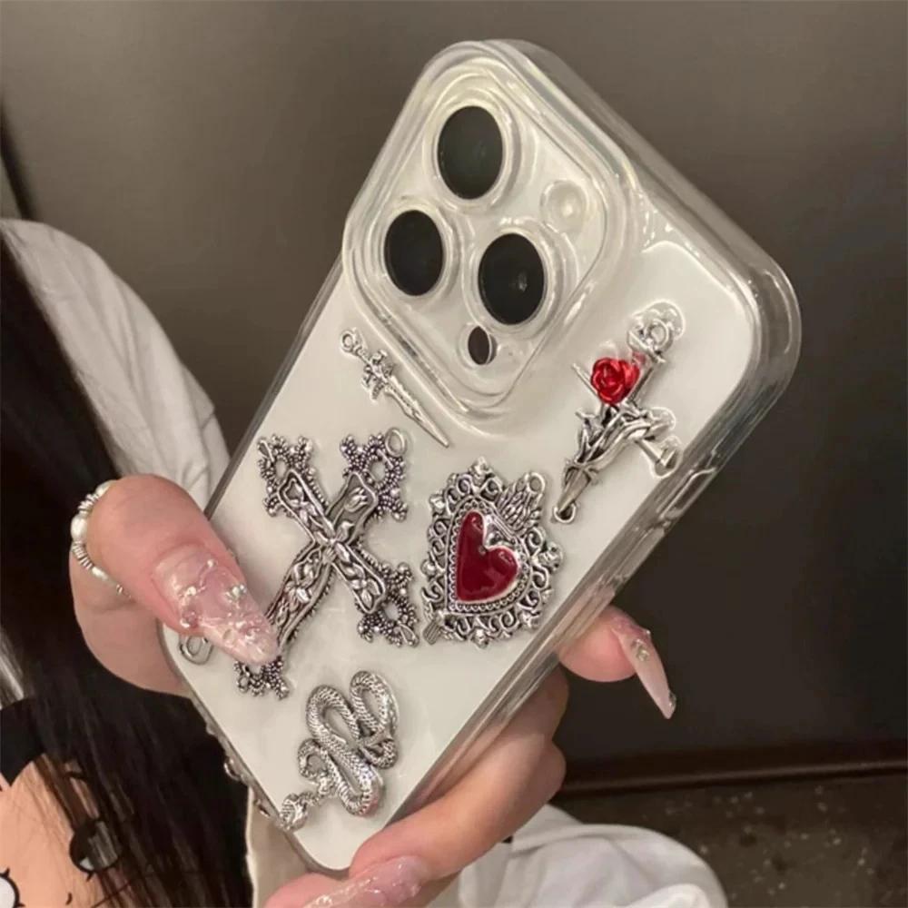 Luxury Bling Gothic Cross Love Heart Flame Snake Clear Phone Case For iPhone 17 16 15 13 12 11 Pro Max 14 Plus Epoxy Soft Cover
