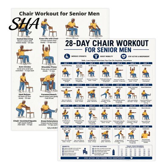 Stretching Routine for Seniors 2 Pcs 28 Day Chair Workout Poster Senior Men, Gentle Seated Exercise Home Physical Therapy Guide, Gym Fitness 2pcs