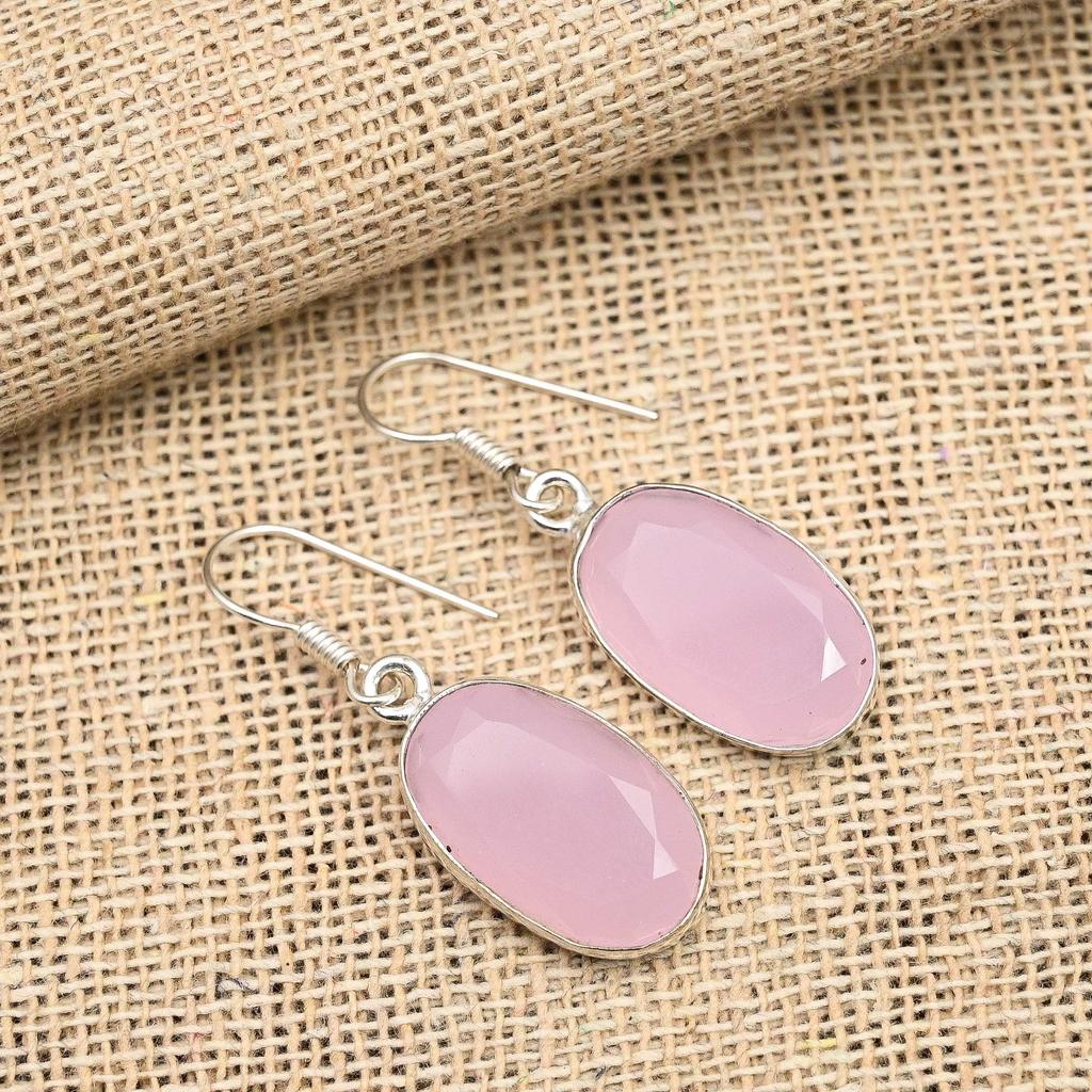 Roze Chalcedoon Edelsteen Handgemaakt 925 Sterling Zilver Oorbel Sieraden Voor Kerst