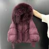 European station new white duck down big fur collar down jacket women's loose big version raccoon hair thickened hooded knitted sleeves