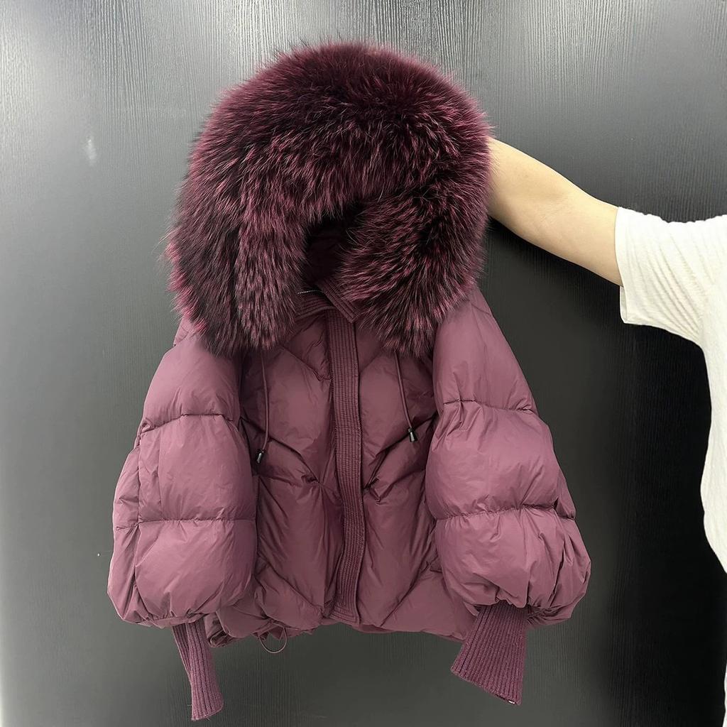 European station new white duck down big fur collar down jacket women's loose big version raccoon hair thickened hooded knitted sleeves