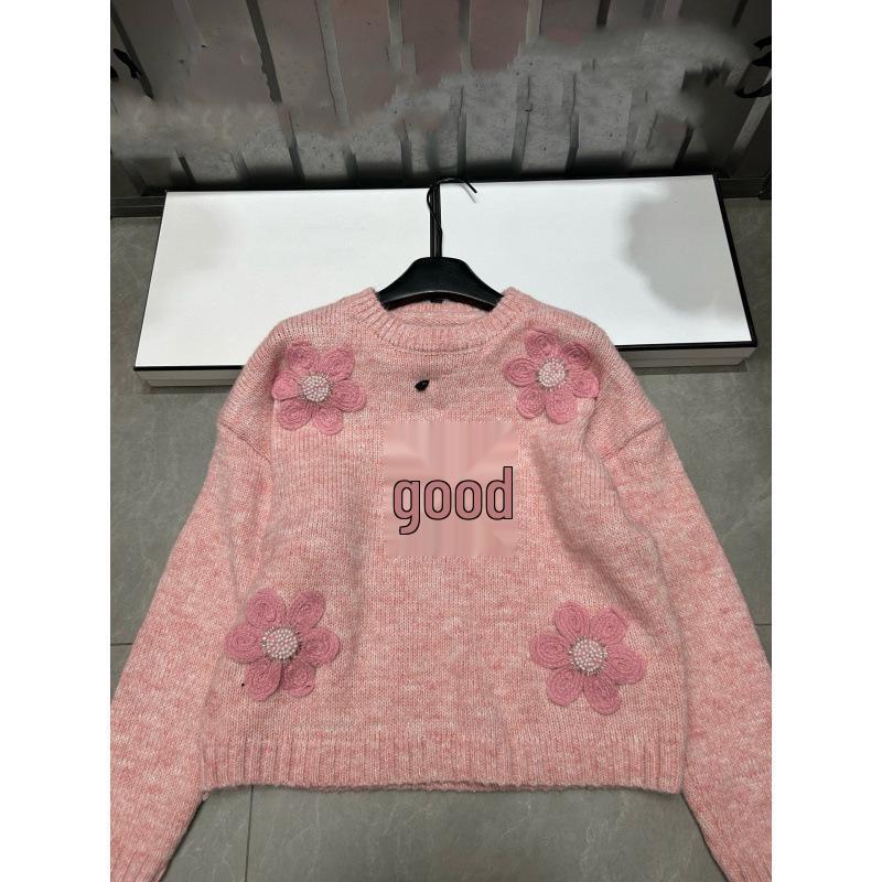 Xiangjia 2025 Floral Knit Round Neck Pullover - Autumn/Winter Loose Long Sleeve Top