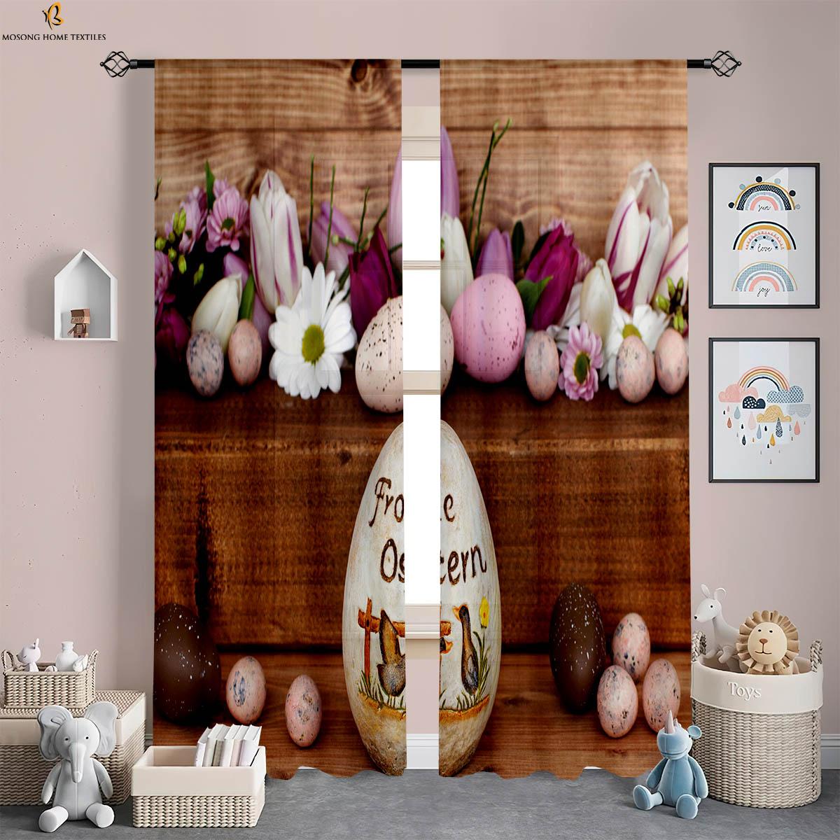 

Easter Bunny Colored Eggs Printing Curtains Retro American Country Style Holiday Decoration Set Of 2 Made Polyester W100*H130(CM)-Rod Pocket&2PCS