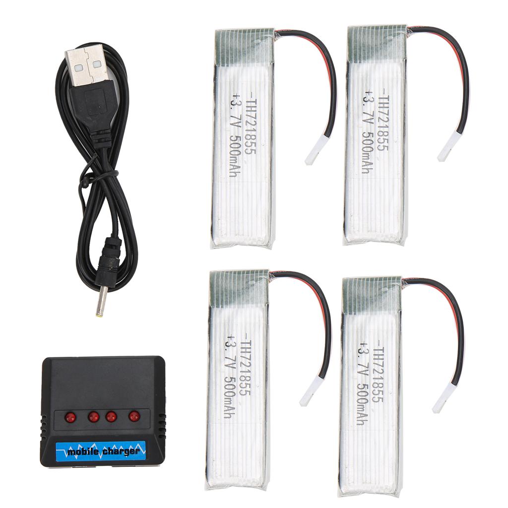 4 tk Lipo aku 500mah 3,7 V 25C väike valge peaga liitiumaku koos laadimiskomplektiga kaugjuhtimispuldi jaoks