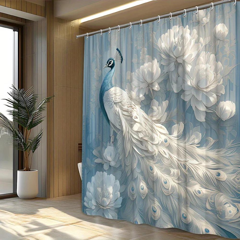 1pc Majestic Peacock Shower Curtain with Blue & Green Plumage, White Flowers, and Golden Accents - Elegant Realistic Style Polye