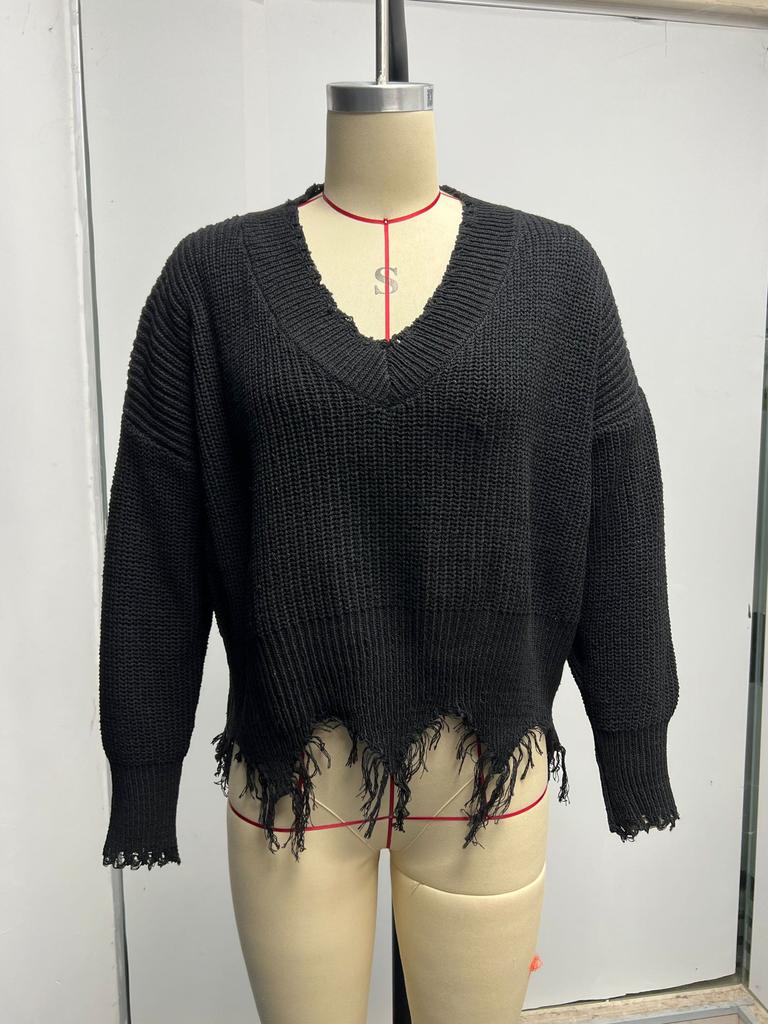 Pulovere Moda simplă Largi Vintage Moda de toamnă și iarnă Haine clasice moale pentru femei Bumbac ciucuri găuri sparte Pulover tricot