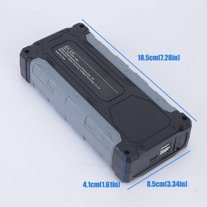 Car Starter for Depleted 12V Vehicle Batteries, with Digital Battery Display, USB Output, Integrated LED Light, Starter-Clamp Cable, and Zippered Case