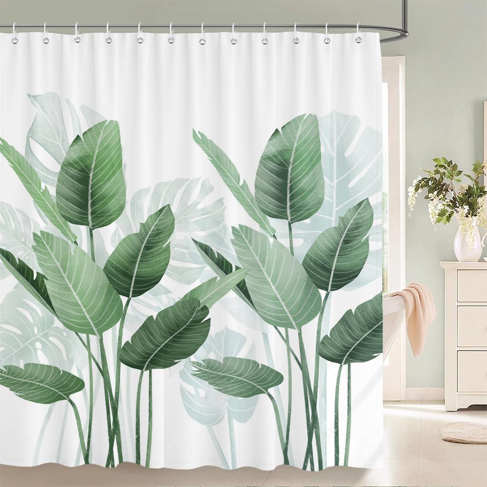 Plum Blossom Flower Leaves Shower Curtain Watercolor Plant Floral Pattern Waterproof Polyester Bathroom Curtain Decor With Hooks