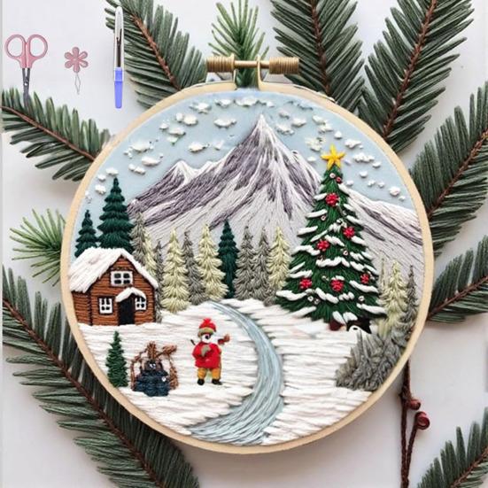 Christmas Embroidery Kit Winter Landscape Embroidery Starter Kit Santa Claus Embroidery Craft Set with Pattern Threads Needles for Beginners Adults