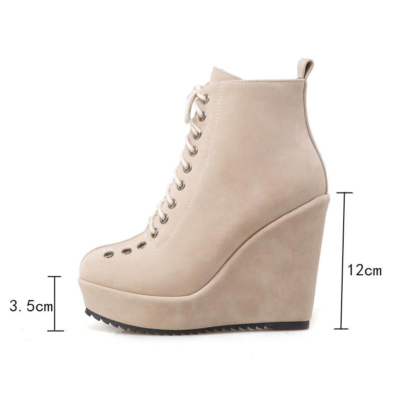 Stivaletti alla caviglia da donna con plateau, scarpe autunnali e invernali, con zeppa, tacchi alti, stringate, stivaletti corti, zeppe in pelle scamosciata nera, scarpe da ballo