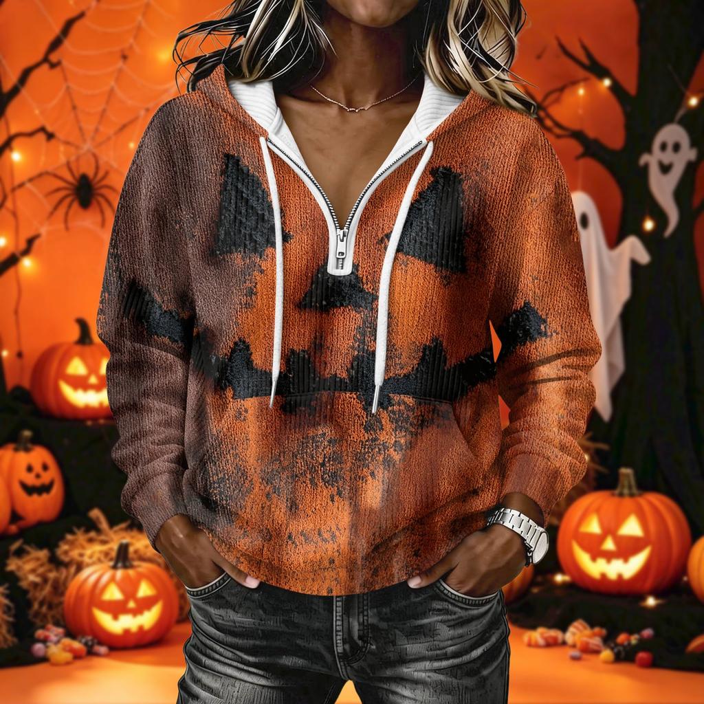 Women's Long Sleeve Halloween Print Pullover Hoodie Sweatshirt with