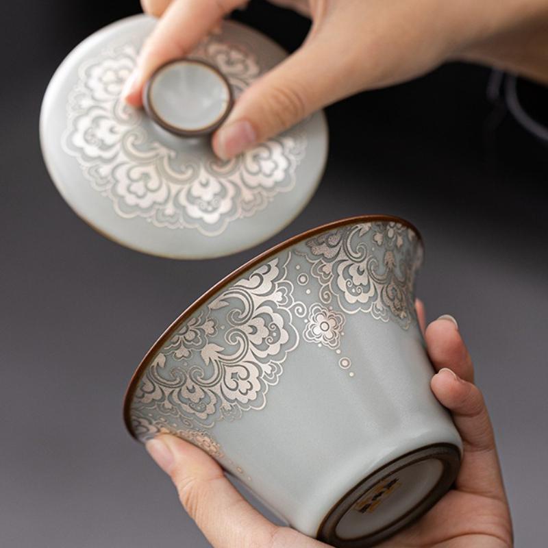 Tigela de Chá com Tampa Design de Suspensão em Filigrana de Prata Resistente ao Calor Conjunto de Chá Gongfu Chinês Cerimônia em Casa Presente