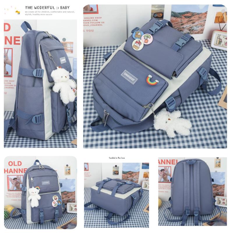 Korean Version Women's Canvas Backpack Large Capacity 4 PCS Set Middle School Rucksack Simple Wear-resistant Schoolbags with Pen Bag