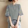 ZANZEA Women Casual Turn Down Collar Splice 3/4 Sleeve Blouse