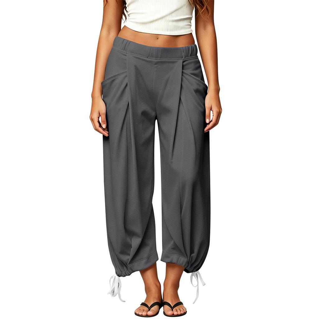 High Waist Loose Fit Casual Pants for Women with Pockets Drawstring Hem Elastic Waistband Lightweight Trousers for Daily Wear Sports and Travel
