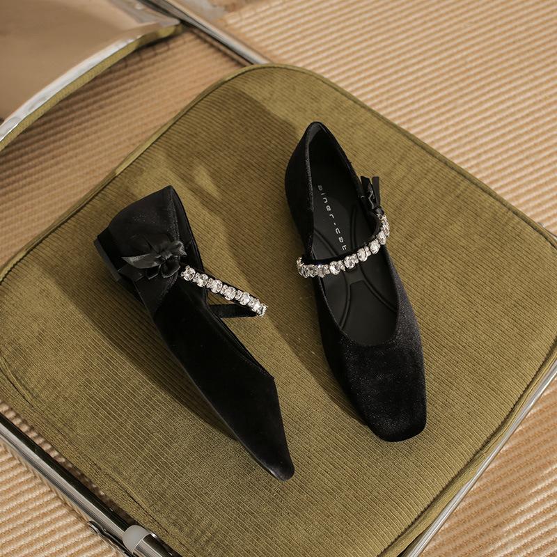 

22306 flat shoes women s thick heel new square head rhinestone word with Mary Jane shoes French light mouth suede shoes 35
