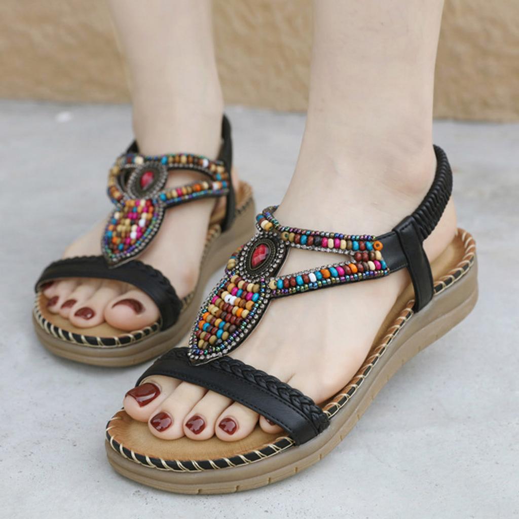 Bohemian Rhinestone Sandals For Womens Comfortable Round Toe Beach Vacation Plus Size Sandal Zapatos Para Mujer Sandalias Planas