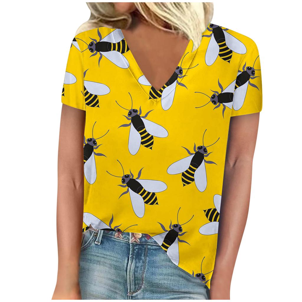 vintage women bee print t shirt short sleeve v neck tops comfortable t-shirts