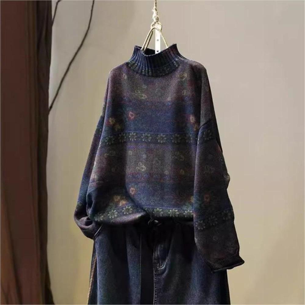 Korean Vintage Floral Print Mock Neck Casual Loose Sweater Woman Autumn Fashion Long Sleeves Sweater