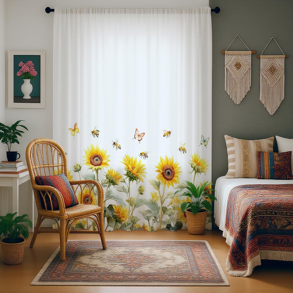 Light Blocking Sunflower Children Room Background Semi Transparent Filter Window Curtain Pole Living Bedr Single Panel Polyester Washable Sitting