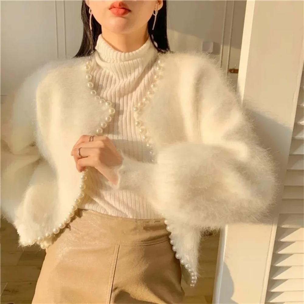 Fashion Ladies Pearl Knit Lantern Sleeves Imitation Mink Fleece Sweater Cardigan Jacket Women Outerwear