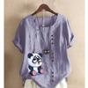 Women's Fashion Summer Round Neck Short Panda Prined Sleeve T-shirt Casual Cotton Linen Graphic Shirt Leisure Loose Blouse Tops Plus Size