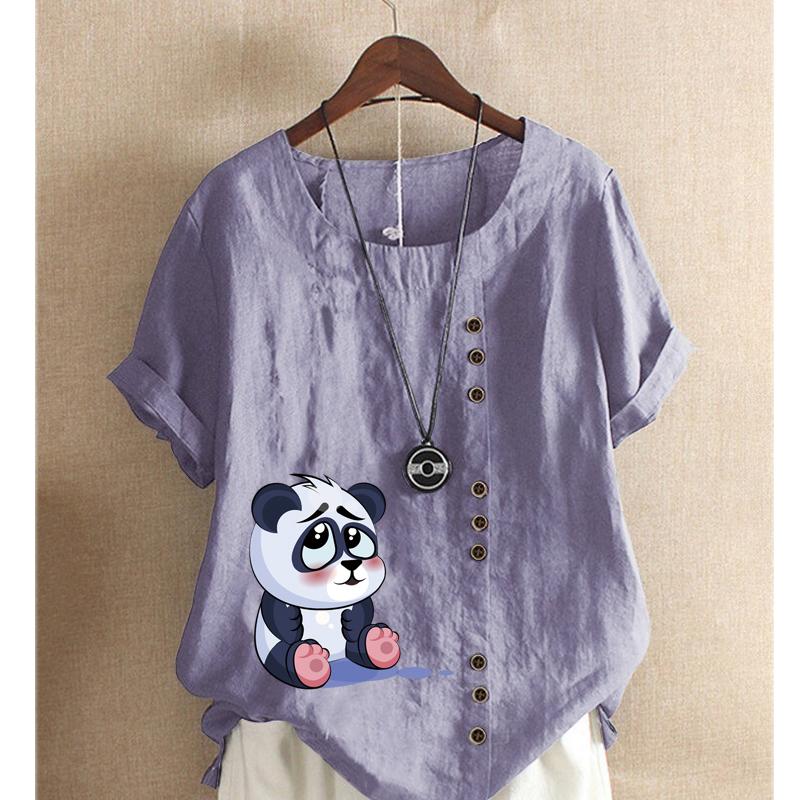 Women's Fashion Summer Round Neck Short Panda Prined Sleeve T-shirt Casual Cotton Linen Graphic Shirt Leisure Loose Blouse Tops Plus Size