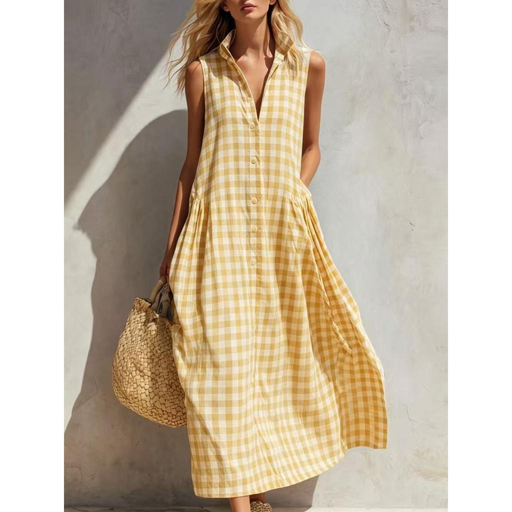 Women's Collar Sleeveless Loose Straight Waist Gingham Plaid Button Front Maxi Dress Beach Vacation Sundress