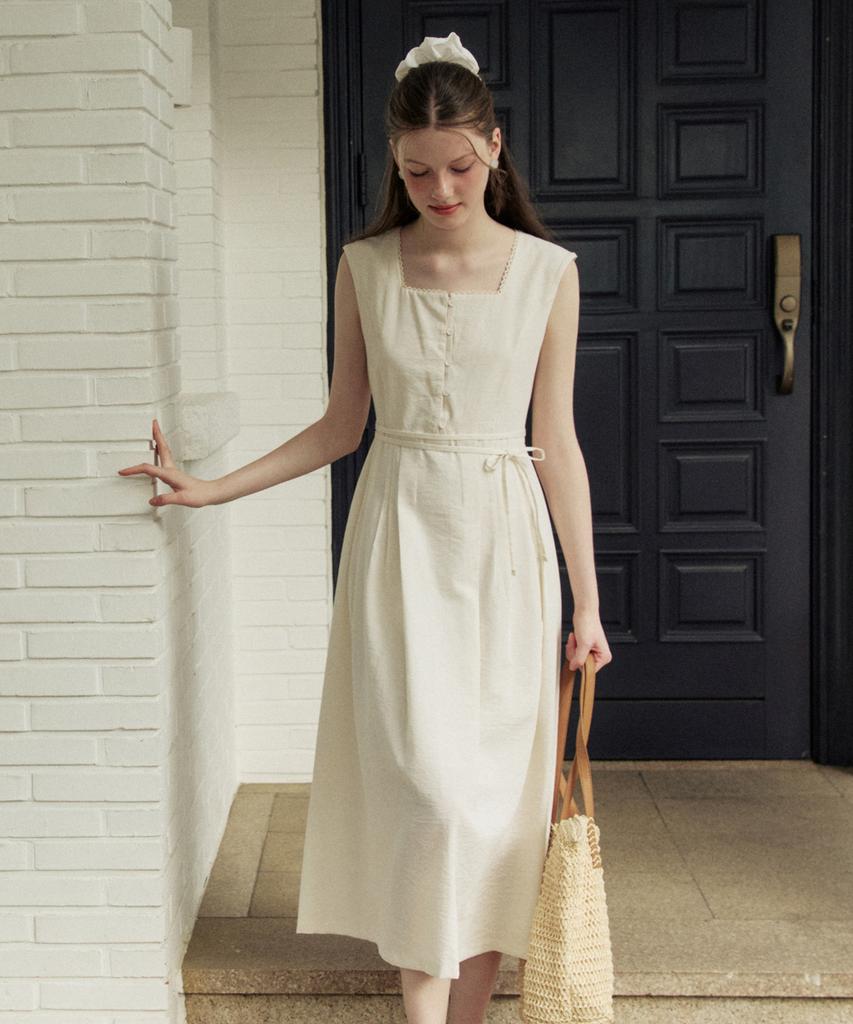 ADAUL Classic Pintuck Line Ribbon Long Dress - Natural