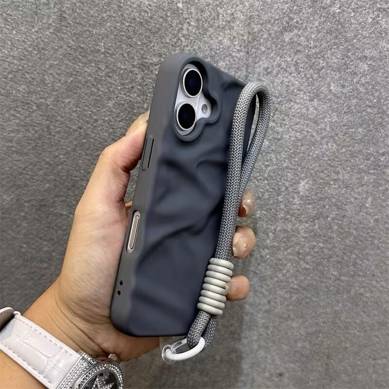 Luxury Matte Wrinkle Matte Wrist Strap Case for iPhone 17 Air 16 15 14 13 12 11 17 Pro Max Candy Ripple Soft Lanyard Cover Funda