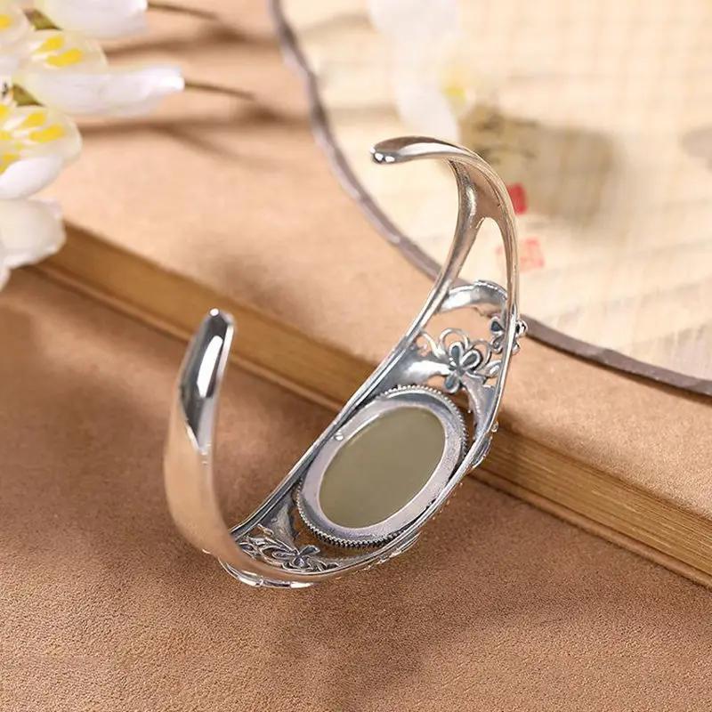 Pulseras huecas de flor de jade Hetian natural con incrustaciones vintage para mujer, joyería elegante de estilo étnico para boda y compromiso